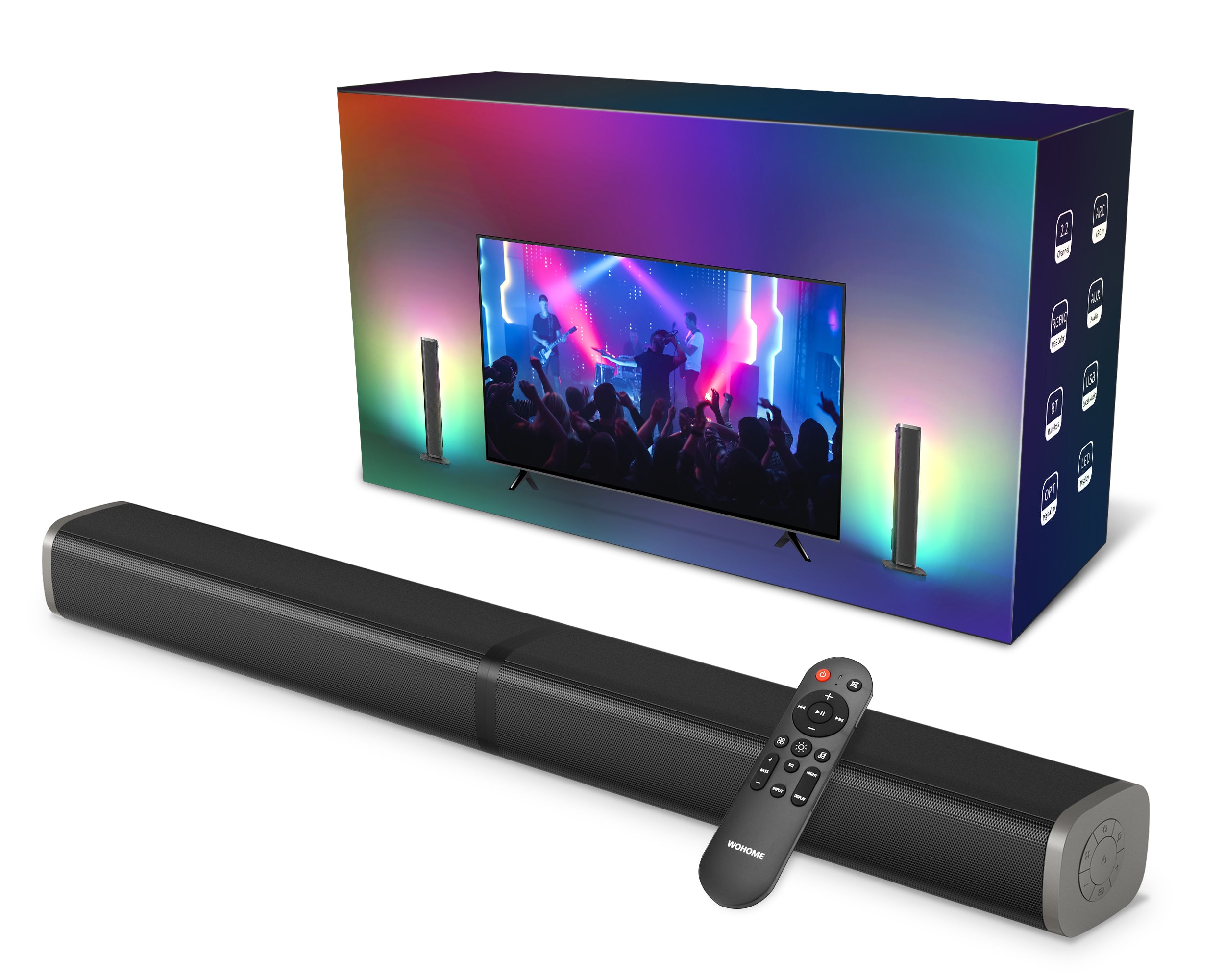 Wohome Sound Bars for TV, Colorful LED Light Bar Speakers, 2.2ch 32 In